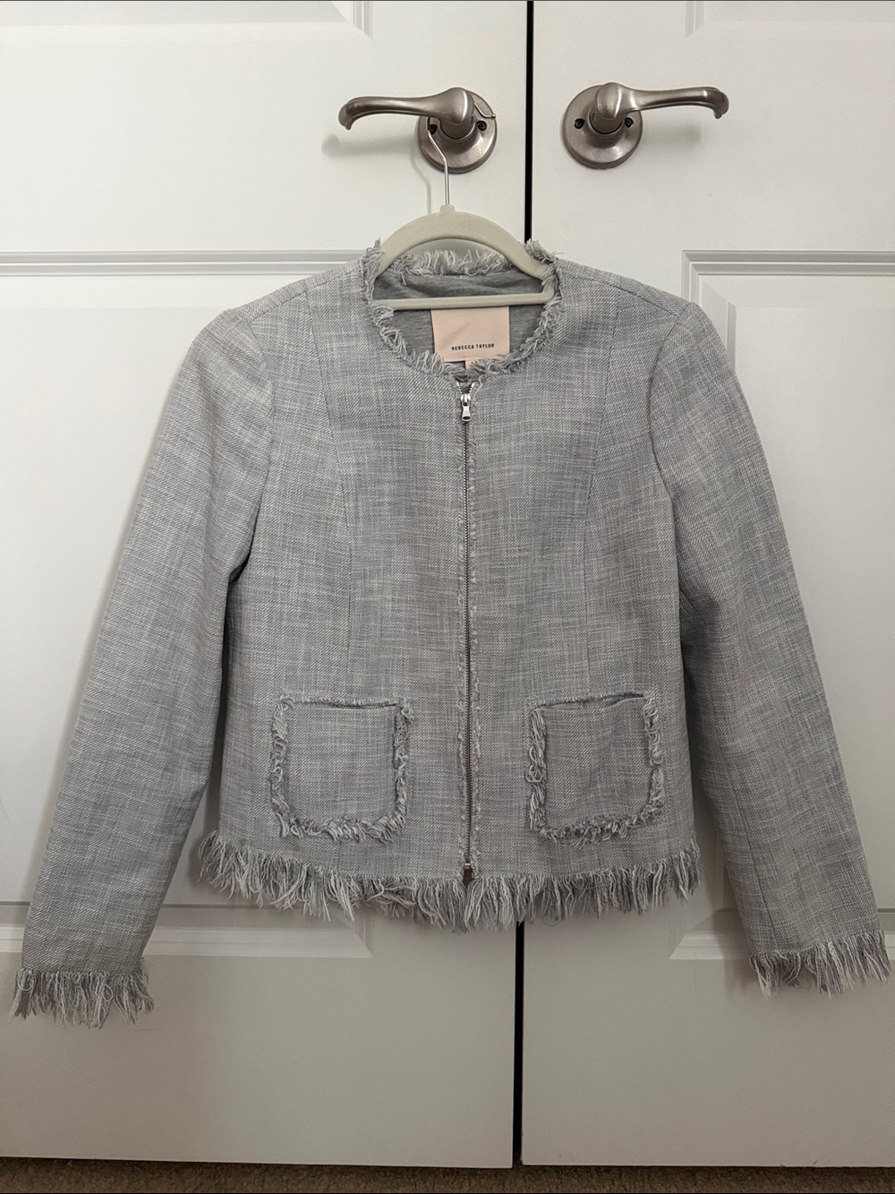 Rebecca Taylor Light Gray Tweed Fringed Zip Jacket